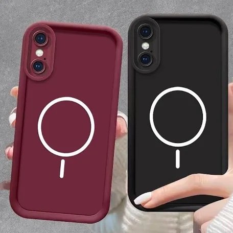 Two protective phone cases, burgundy and black, each with a white circular emblem and a short stem on the back, held by hands.