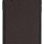 Brown leather-textured phone case with a black bumper and a camera cutout (for a rear dual camera). Typical iPhone size case.