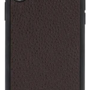 Brown leather-textured phone case with a black bumper and a camera cutout (for a rear dual camera). Typical iPhone size case.