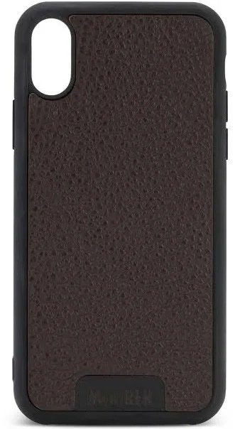 Brown leather-textured phone case with a black bumper and a camera cutout (for a rear dual camera). Typical iPhone size case.
