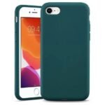 Teal phone case on an iPhone, shown from the back with part of the front screen visible.