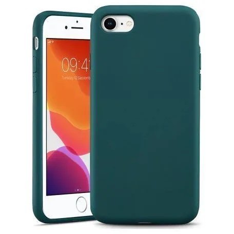 Teal phone case on an iPhone, shown from the back with part of the front screen visible.