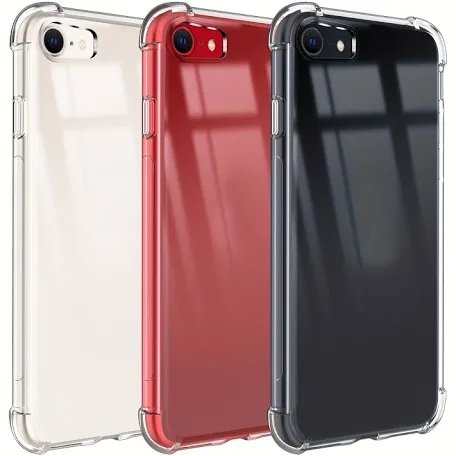 Three smartphones shown from the back in clear protective cases: white, red, and black. (camera lenses visible)