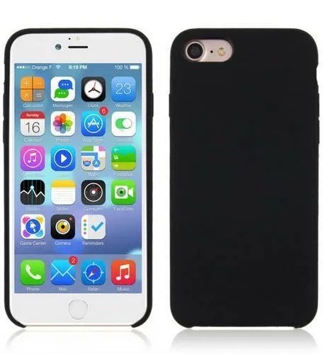 Front and back views of a white iPhone in a black case; the front shows a home screen with colorful app icons.