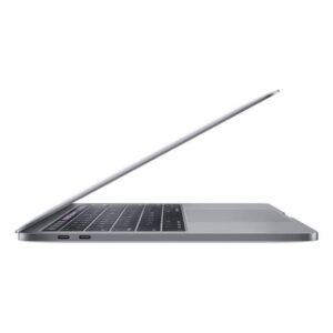 Side view of a silver laptop partially open, showing the keyboard and touchpad on a white background.