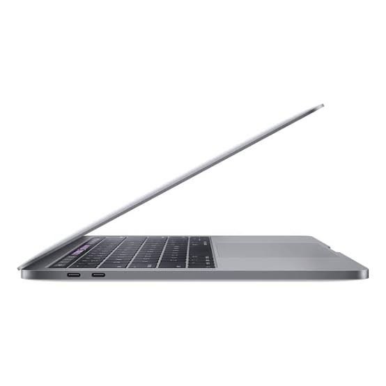 Side view of a silver laptop partially open, showing the keyboard and touchpad on a white background.