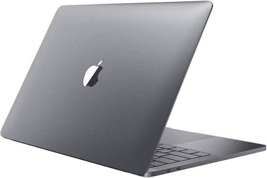 Space-gray MacBook laptop angled with Apple logo on the lid