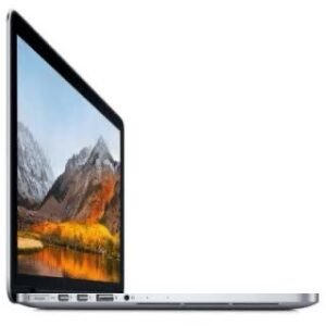 Side view of a silver laptop open at a slight angle, displaying a mountain landscape on the screen.