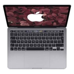 Open silver MacBook laptop displaying a burgundy flower wallpaper with a white Apple logo on the screen, viewed from above.