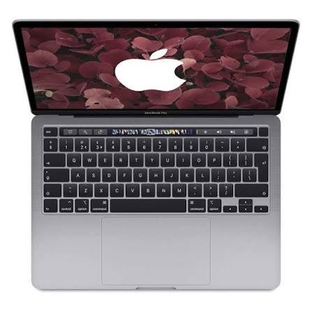 Open silver MacBook laptop displaying a burgundy flower wallpaper with a white Apple logo on the screen, viewed from above.