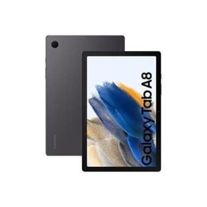 Galaxy Tab A8 tablet shown from front and back, dark gray rear with camera cutout, display on with colorful abstract wallpaper and 'Galaxy Tab A8' label.