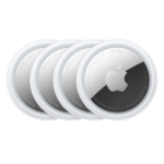 Four overlapping Apple AirTag trackers with silver faces and the Apple logo on a black background.