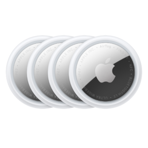 Four overlapping Apple AirTag trackers with silver faces and the Apple logo on a black background.
