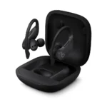 Black wireless earbuds in an open charging case, ready to use.