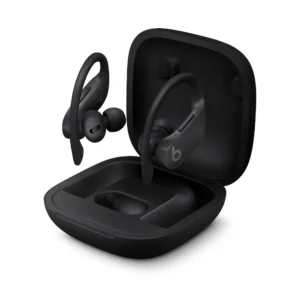 Black wireless earbuds in an open charging case, ready to use.