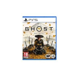 PS5 game case for Ghost of Tsushima, showing a samurai kneeling among falling leaves with a blue-border case.