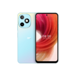 Front and back views of a light blue gradient smartphone with a triple-camera module on the rear, and a front display showing 08:00 and a date, August 9th, Friday