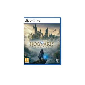 PlayStation 5 game case for Hogwarts Legacy with a cloaked figure overlooking Hogwarts Castle and a blue glow.