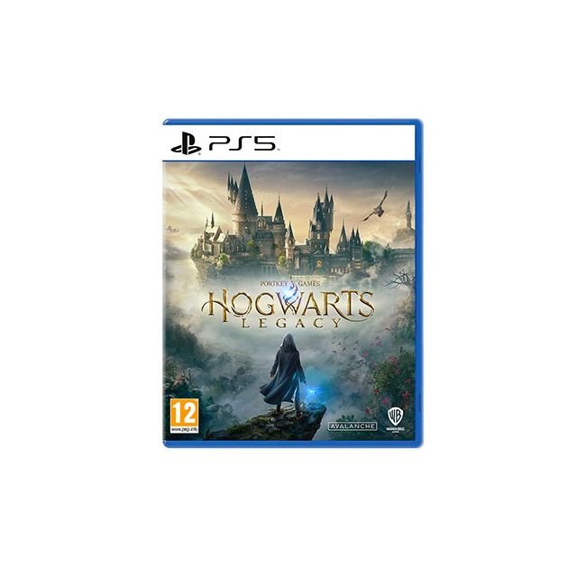 PlayStation 5 game case for Hogwarts Legacy with a cloaked figure overlooking Hogwarts Castle and a blue glow.