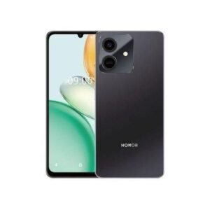 Honor smartphone shown from front and back with a black gradient back and a square quad-camera module; front display visible.