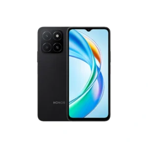 Black Honor smartphone with a textured back featuring a square quad-camera module; front shows a large edge-to-edge display with a small notch at top center.