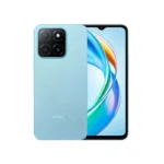 Blue Honor smartphone shown from back and front, featuring a square quad-camera module on the back.