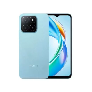 Blue Honor smartphone shown from back and front, featuring a square quad-camera module on the back.