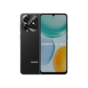 Front and back views of a black Honor X5c Plus smartphone, with a teardrop notch display and a triple-camera module on the rear.