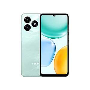 Front and back view of a mint green Honor smartphone, showing a triple-camera rear cluster and a notch display on the front screen.