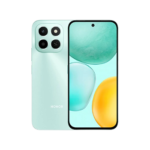 Mint green Honor smartphone shown from back and front, featuring a quad-camera cluster on the rear and a large nearly bezel-free display on the front.