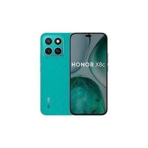 Honor X8c smartphone with teal back featuring a quad-camera module; front display shows the 'HONOR X8c' text.
