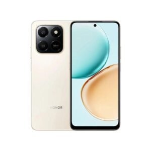 Honor smartphone with a square triple-camera module on the back and a large front display showing blue-orange wallpaper, beige finish