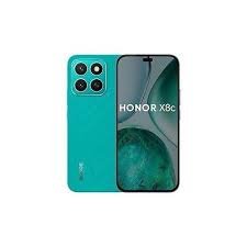 Honor X8c smartphone in teal, shown from back with a quad-camera module and a front display visible on the right.