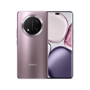Purple Honor smartphone, back view with large circular camera module and curved edge display.