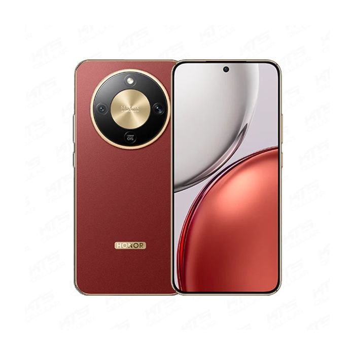 Red Honor smartphone with a circular camera module on the back and a punch-hole display on the front.