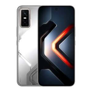 Front and back view of a sleek smartphone: silver patterned back with a triple-camera module, and a large edge-to-edge display showing a bold geometric wallpaper.