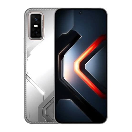 Front and back view of a sleek smartphone: silver patterned back with a triple-camera module, and a large edge-to-edge display showing a bold geometric wallpaper.