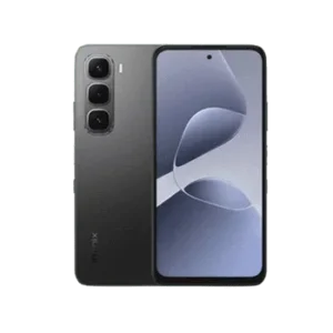 Front and back view of a dark gray smartphone with a triple-camera rear module and edge-to-edge display.