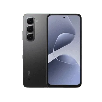 Front and back view of a dark gray smartphone with a triple-camera rear module and edge-to-edge display.