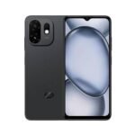 Front and back view of a black smartphone: front has an almost edge-to-edge display with a small notch at the top, back features a large square camera module with multiple lenses and a flash.