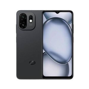 Front and back view of a black smartphone: front has an almost edge-to-edge display with a small notch at the top, back features a large square camera module with multiple lenses and a flash.