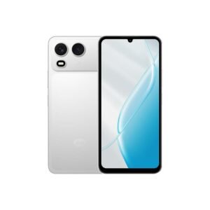 Front and back view of a white smartphone with a black-edged display and a dual-camera module on the rear, including a small flash above the lenses and a subtle glossy finish.