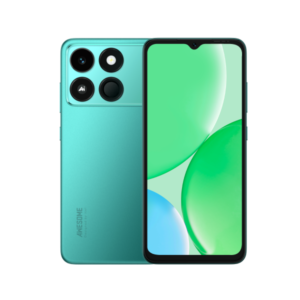 Teal smartphone shown from front and back, rear quad-camera module with four lenses.