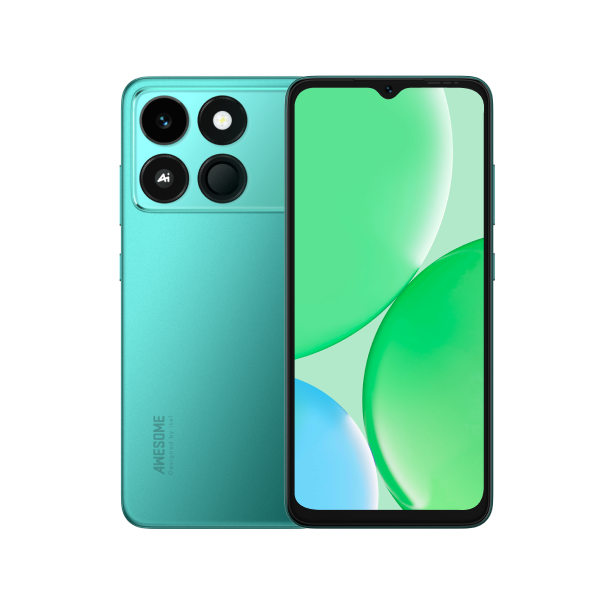 Teal smartphone shown from front and back, rear quad-camera module with four lenses.