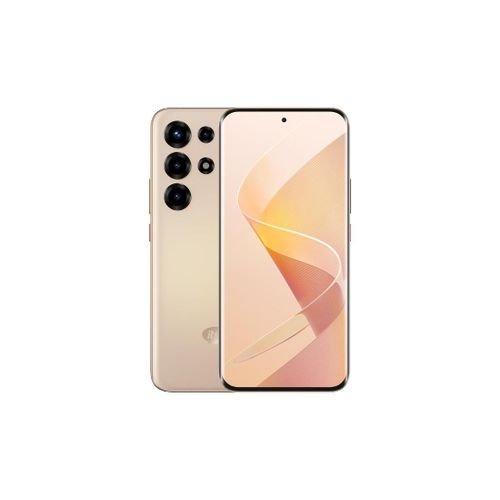 Gold-colored smartphone shown from both front and back, revealing a quad-camera array on the rear and a bezel-less screen displaying abstract wallpaper.