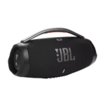 Black JBL portable Bluetooth speaker with a curved metal handle and grille front.