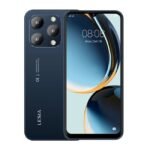 Blue smartphone showing front display and back triple-camera setup with LEISIA branding and rounded edges