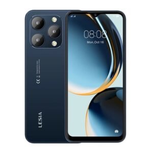 Blue smartphone showing front display and back triple-camera setup with LEISIA branding and rounded edges