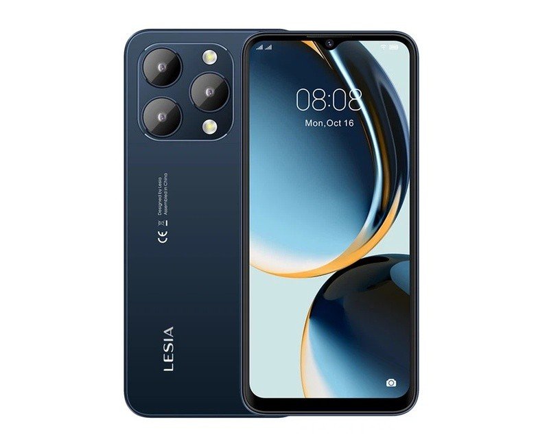 Blue smartphone showing front display and back triple-camera setup with LEISIA branding and rounded edges