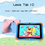 Lesia Tab 10 kids tablet in blue with orange corners, showing a colorful cartoon on its screen against a pastel background; advert text above lists specs like 8 inch and 5000 mAh.